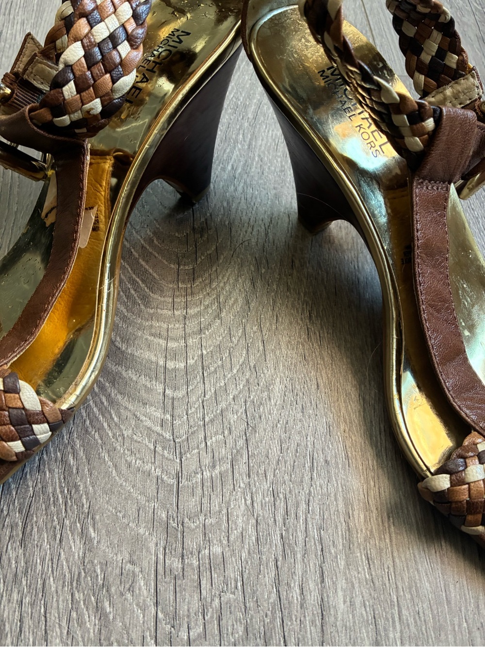Michael Kors Juniper Brown Braided Leather T-Strap Heels with Gold Footbed 10M - Picture 4 of 11